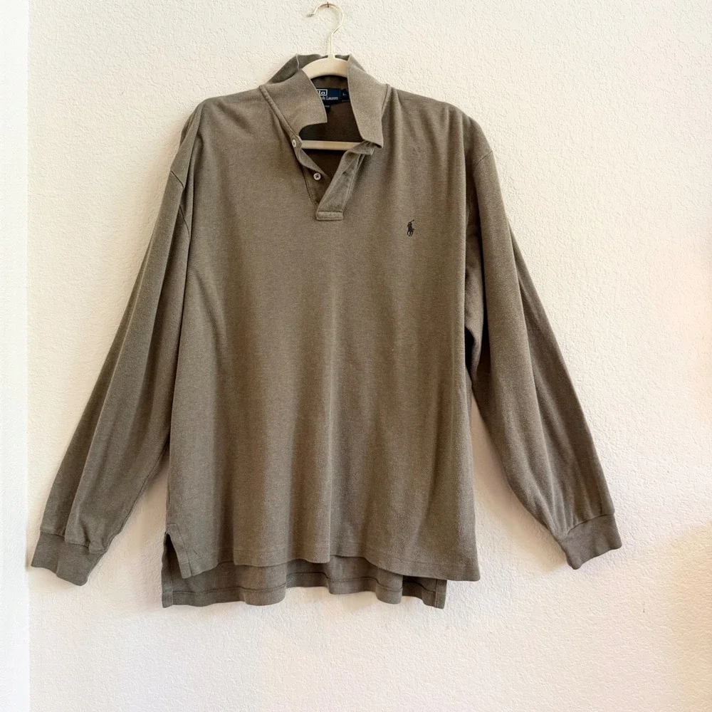 Polo Ralph Lauren Mens Long Sleeve‎ Polo Shirt Olive Green Cotton Size Large L